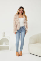 Ophelle Jacket in Beige womens beige fringe textured coat styled outfit