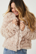 Ophelle Jacket in Beige beige fluffy open-front teddy coat side view