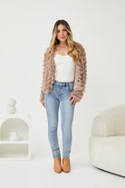 Ophelle Jacket in Mocha womens rich mocha fringe textured coat styled outfit