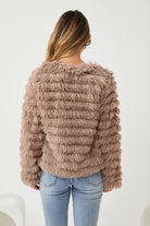Ophelle Jacket in Mocha womens mocha fluffy coat close up texture detail