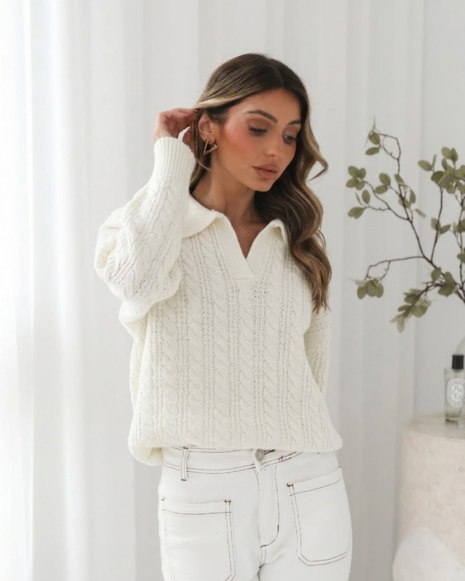 Oriah cream cable knit jumper with open collar, front view