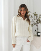Oriah cream knit jumper showing drop-shoulder fit
