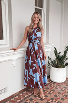 Women's blue floral one shoulder maxi dress front view by Esther & Co