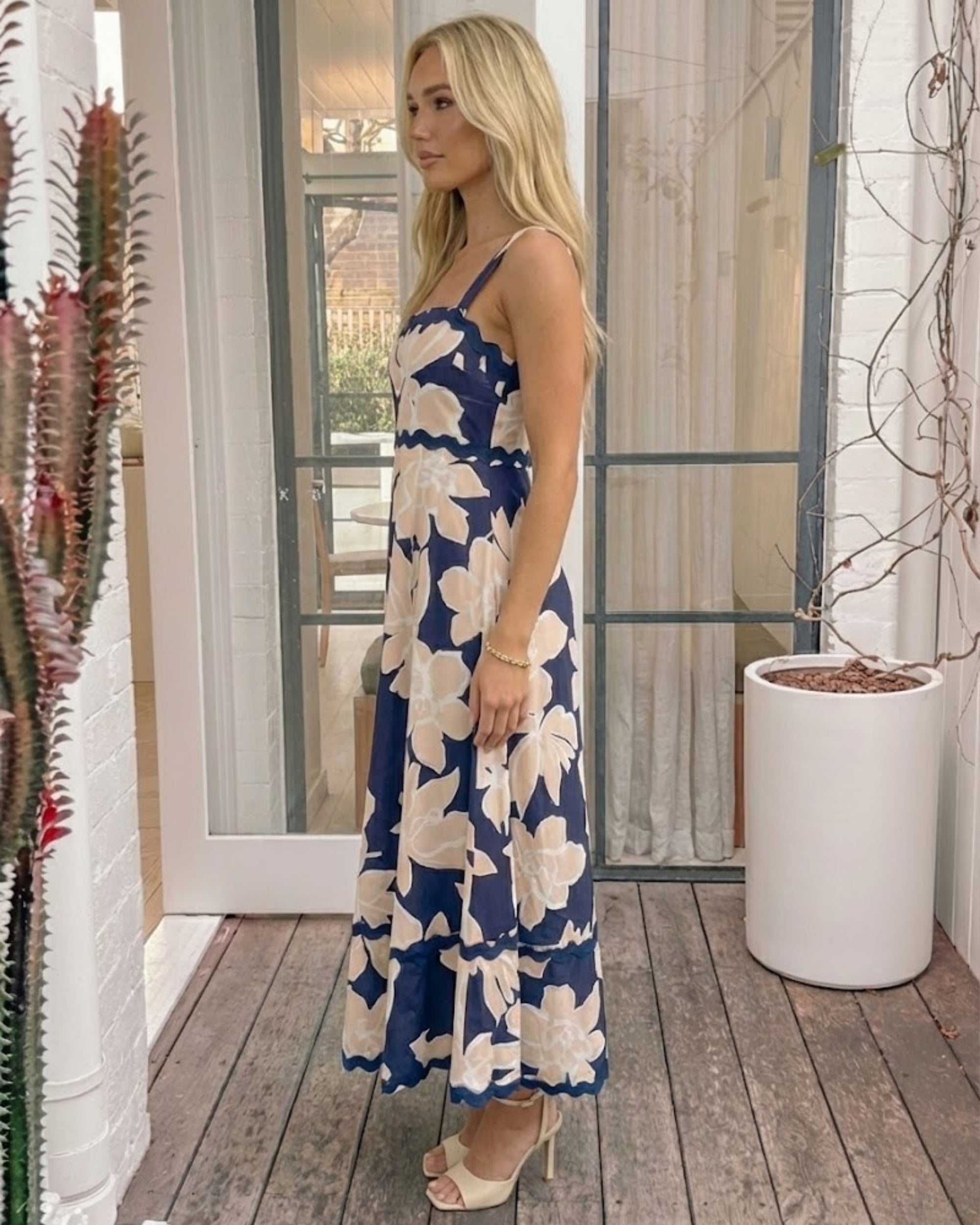 Women's navy floral maxi dress front view by Esther & Co