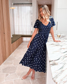 Women's navy polka dot maxi dress, the Pauletta Navy Spot Dress by Esther & Co