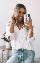 Plato Top in White womens relaxed linen blouse in white with structured collar front view