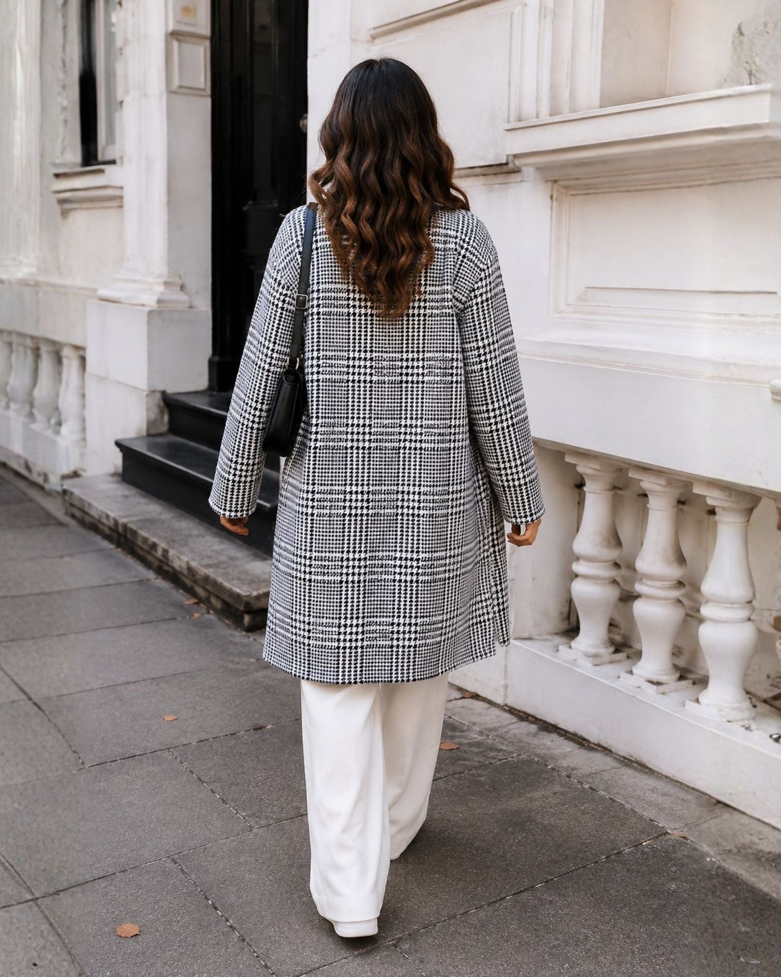 Polaris Coat in Print — women's check longline coat, side view