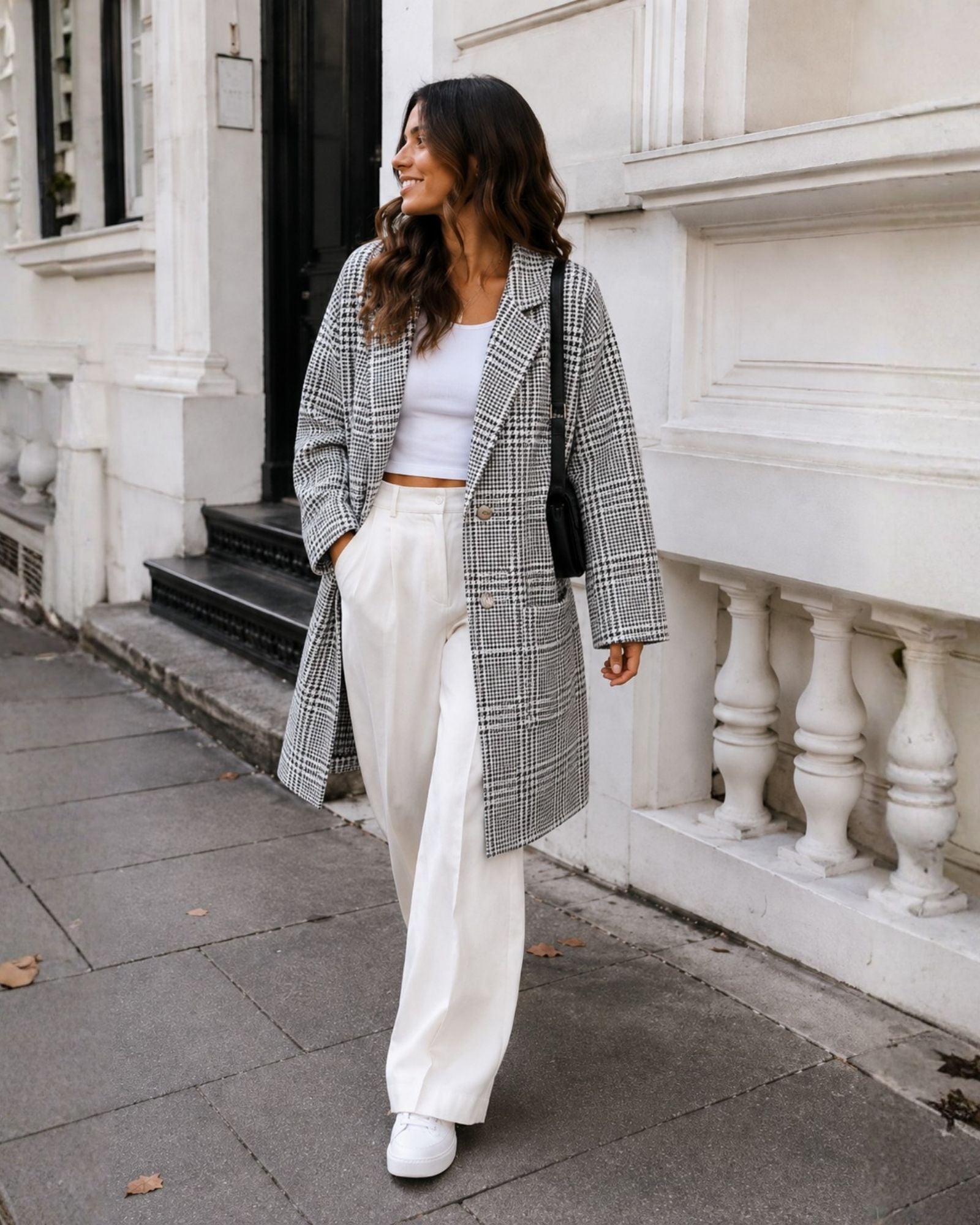 Polaris Coat in Print — women's check longline coat, back view