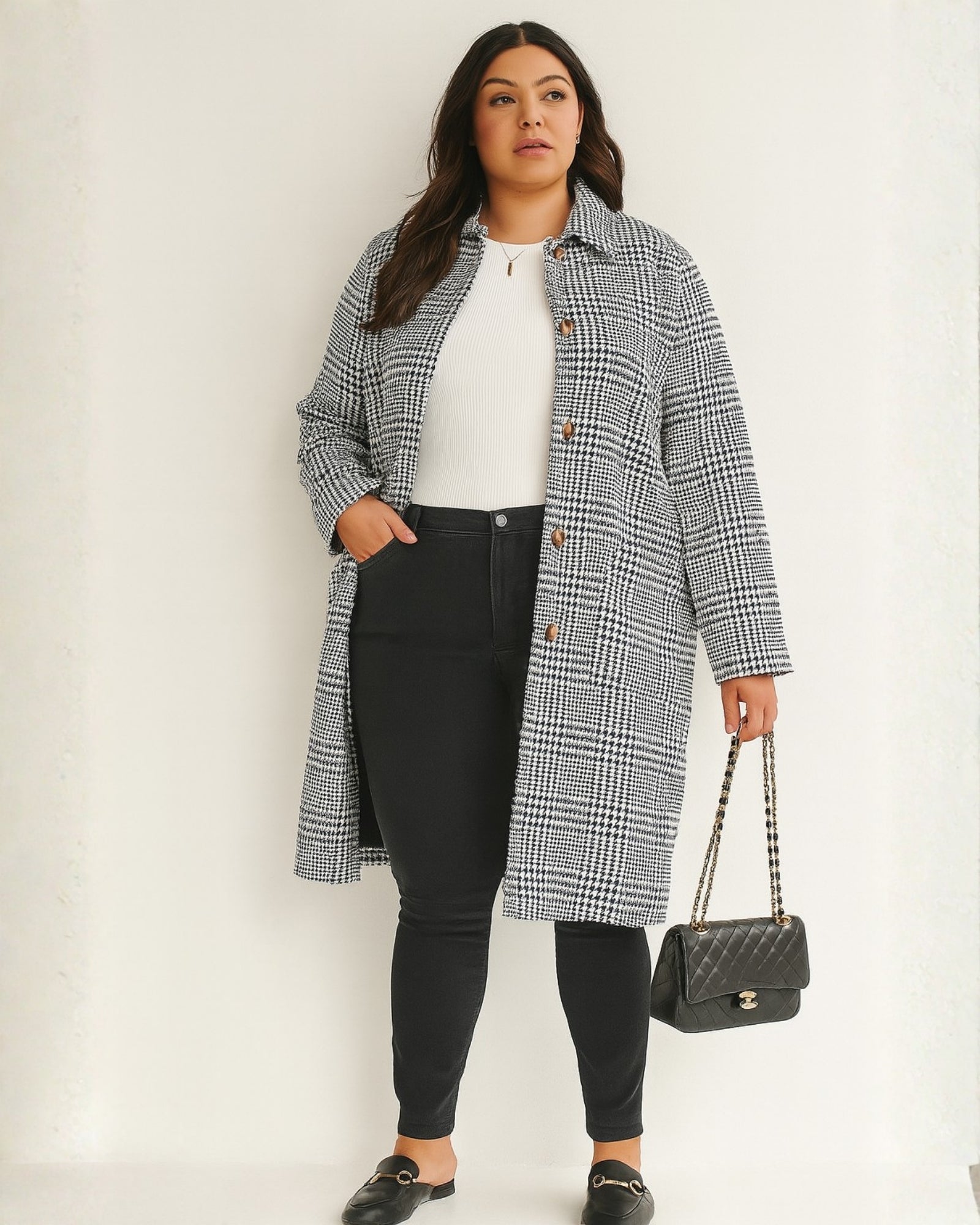 Polaris Coat in Print — women's check longline coat, detail