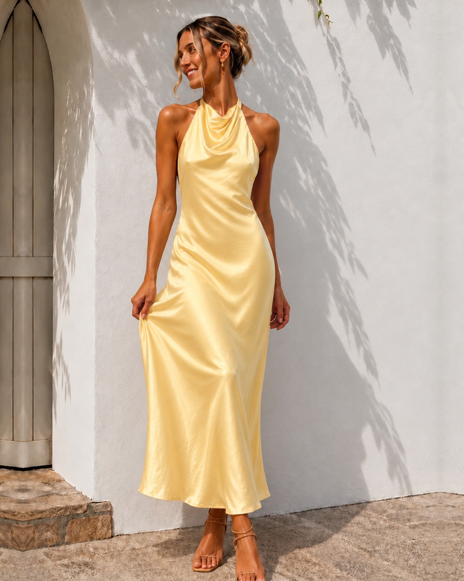 Pollene Dress in Butter, women's satin halter midi dress, view 1