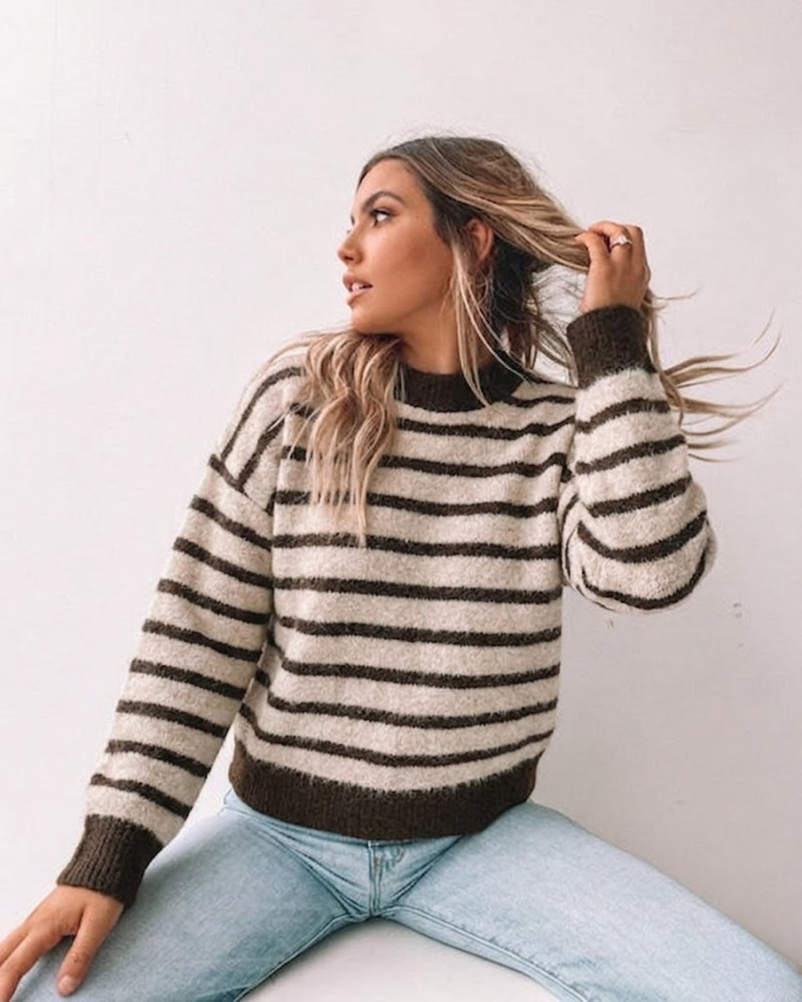 Women's striped chocolate knit jumper with ribbed cuffs and hem by Esther & Co