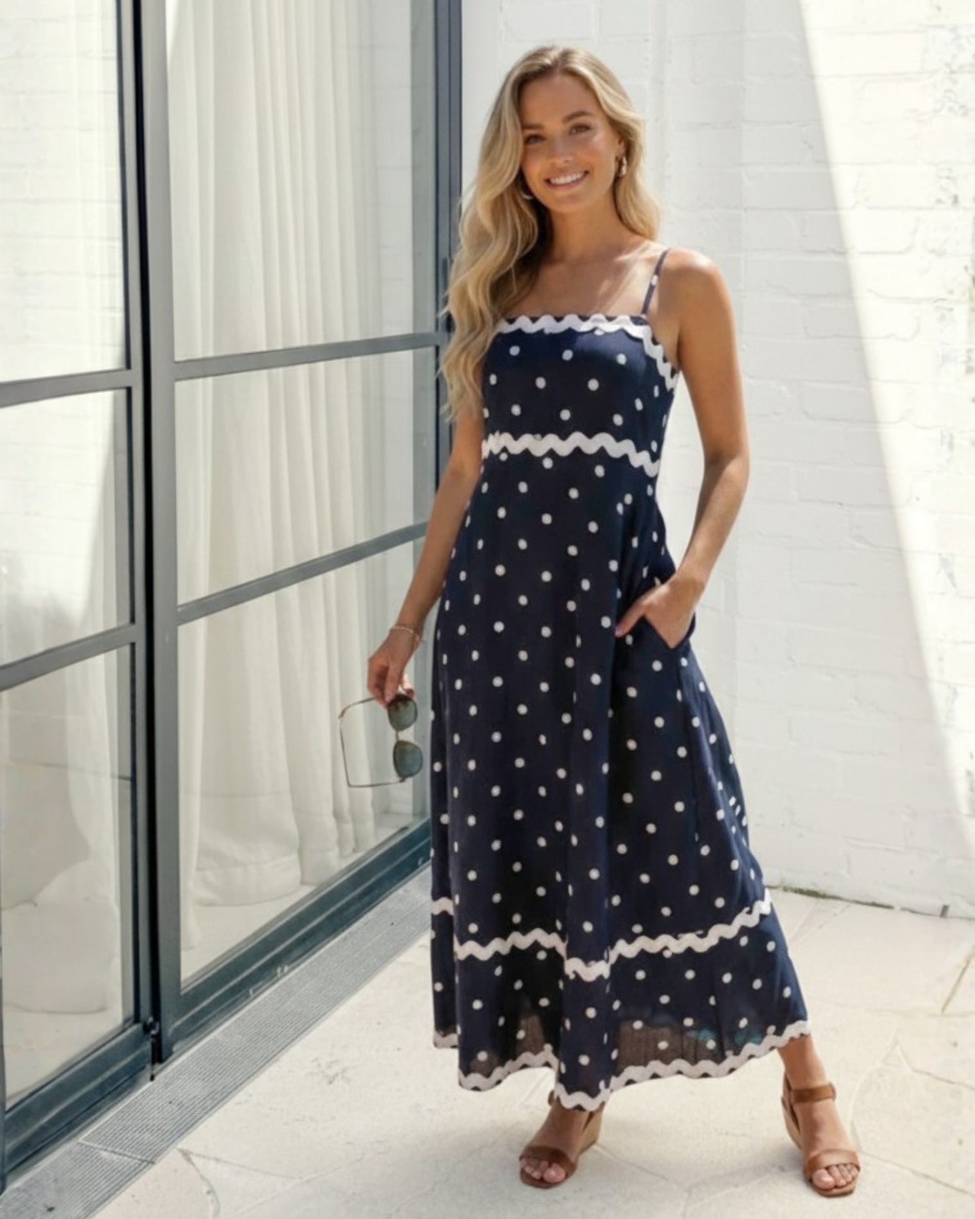 Women's navy polka dot midi dress, the Priah Navy Spot Dress by Esther & Co
