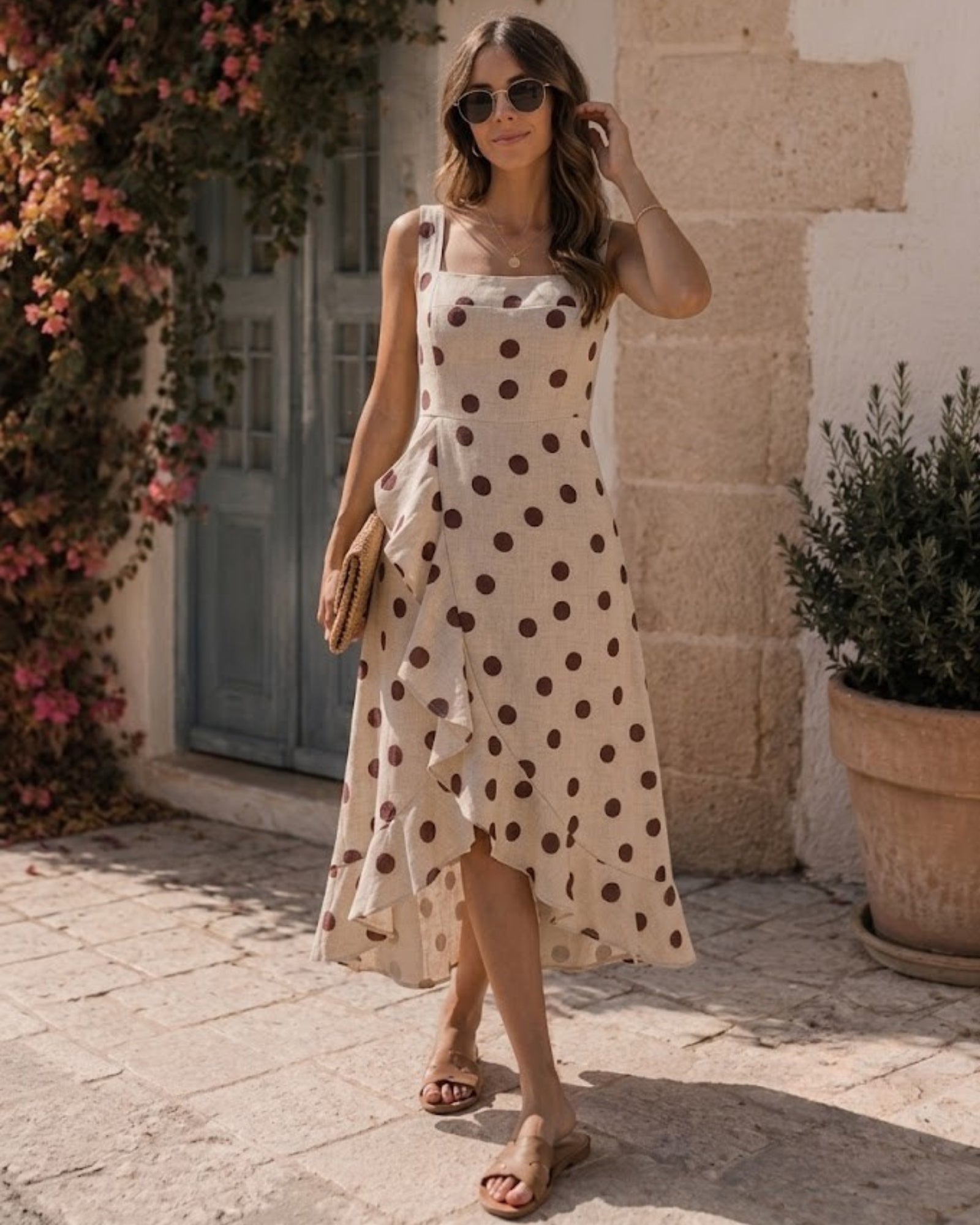 Women's speckled sand spot print midi dress, the Prynne Dress in Speckled Sand by Esther & Co