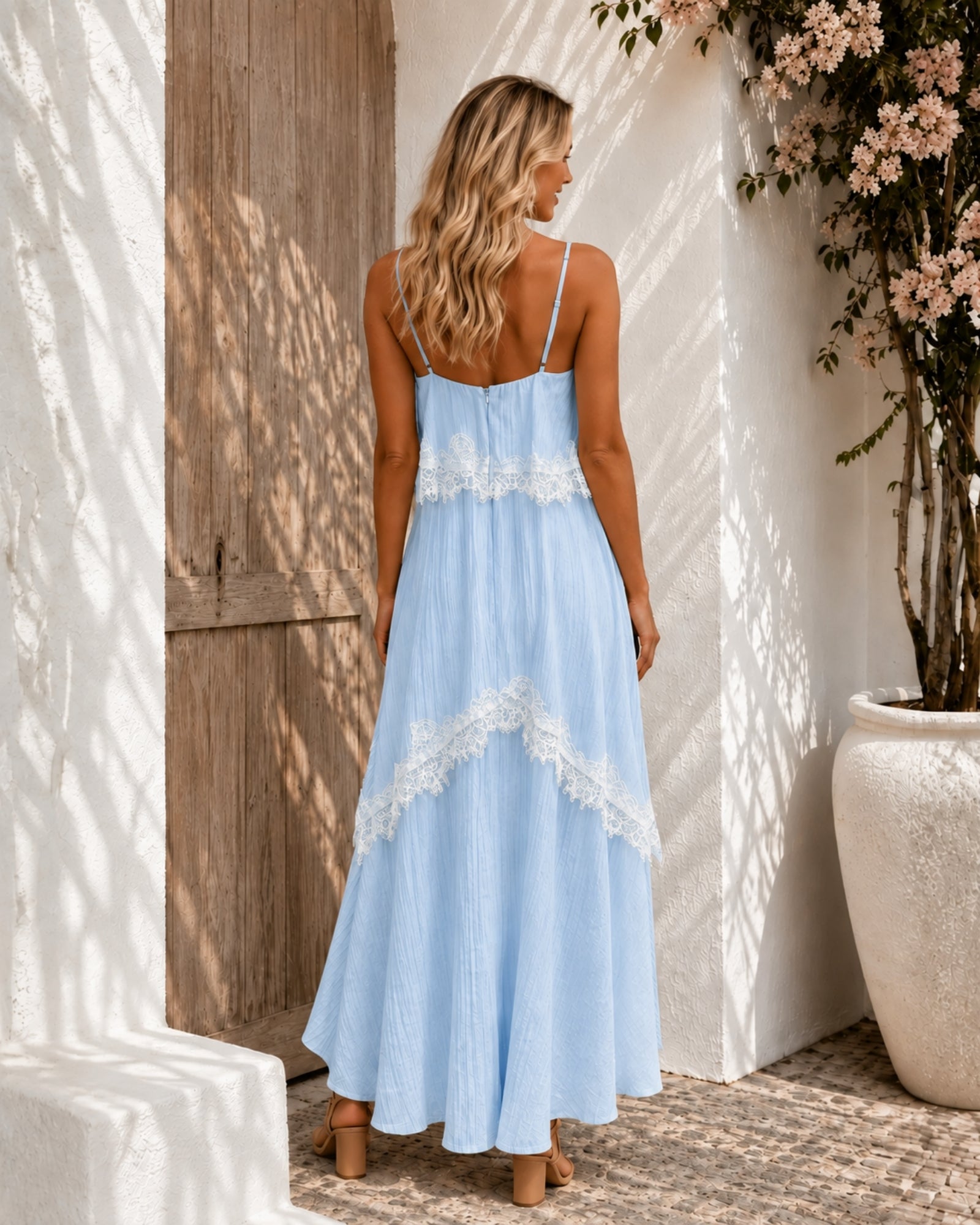 Women's blue and white tiered high low dress, the Qiana Dress in Blue Horizon by Esther & Co