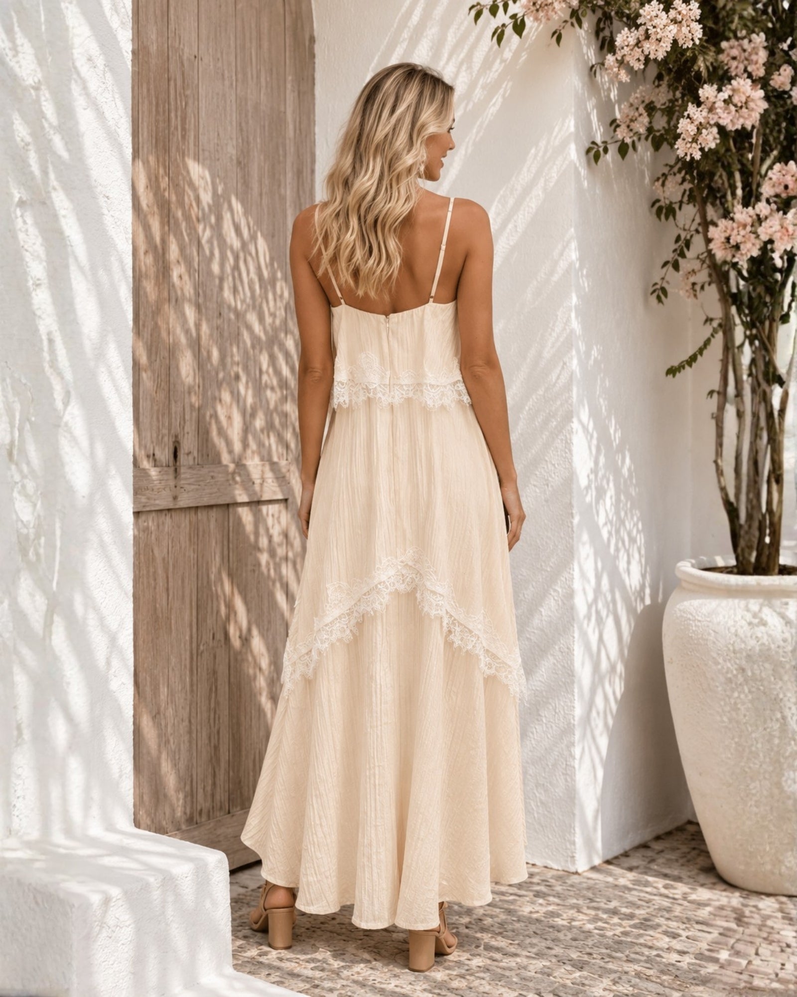 Women's vanilla tiered high-low dress with eyelash lace trim by Esther & Co