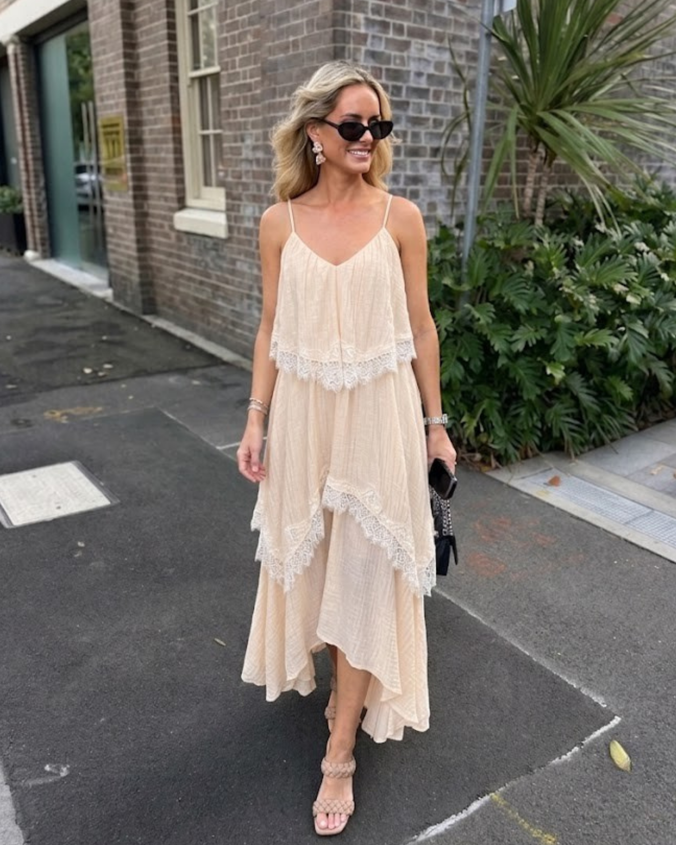 Women's vanilla tiered high-low dress, the Qiana Dress in Vanilla Romance by Esther & Co