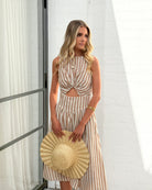 Rafiya Dress in Tan Stripe womens linen stripe midi dress in tan and white front view