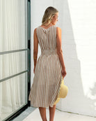 Rafiya Dress in Tan Stripe womens tan stripe linen midi dress styled outfit