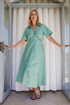 Women's sage collared dress with open front bust detail by Esther & Co