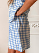 Women's blue check high waisted mini skirt front view by Esther & Co