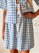 Women's blue check high waisted a-line mini skirt, the Revan Skirt in Blue Check by Esther & Co
