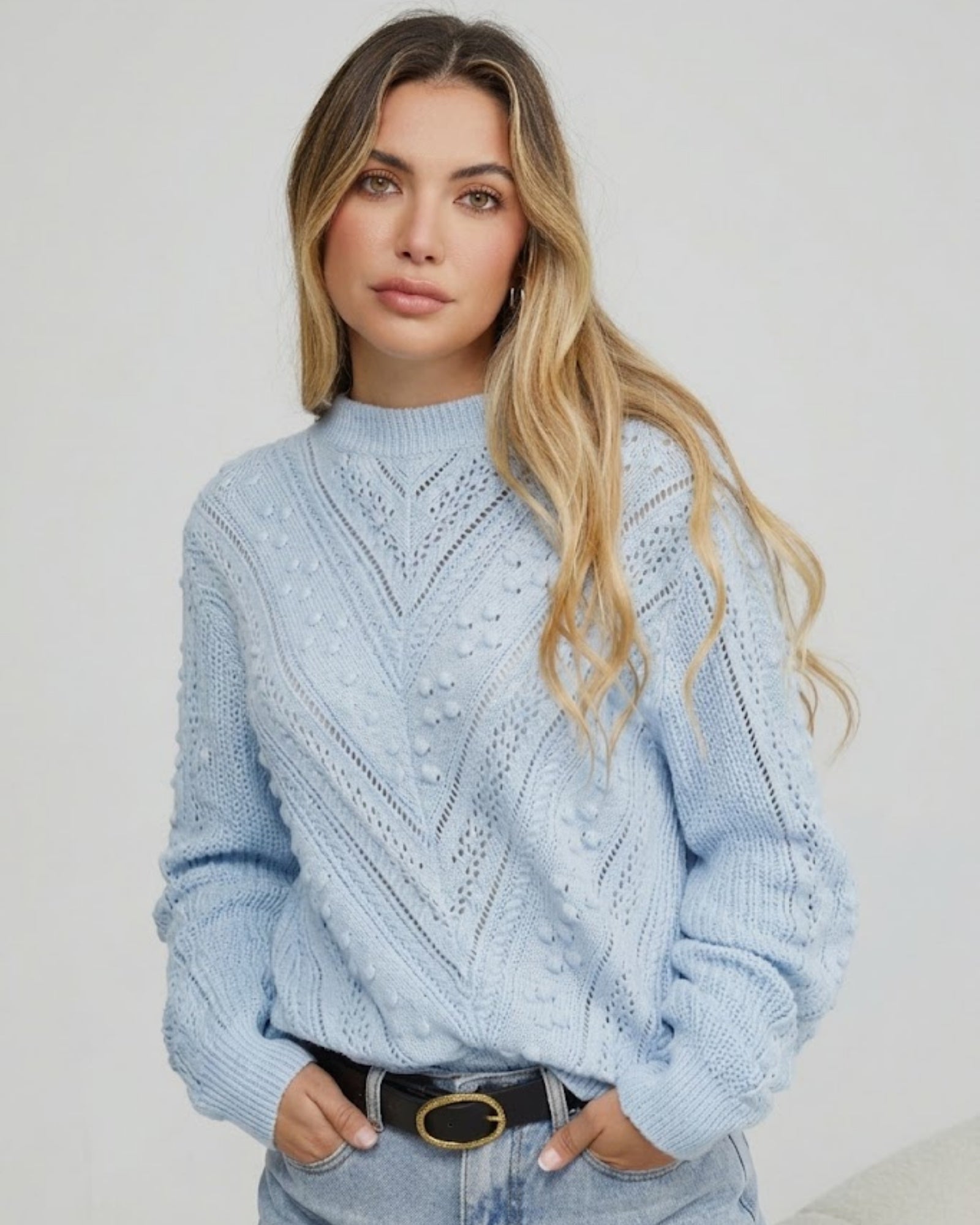 Rheane Knit in Blue blue all-over patterned knit jumper side view