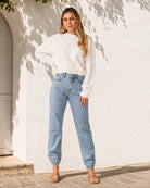 Women's white patterned knit jumper with round neckline, the Rheane Knit in White by Esther & Co