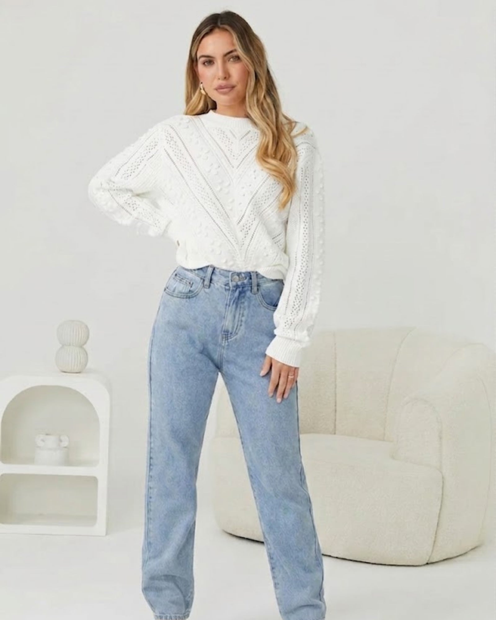 Rheane Knit in White white intricate patterned knit jumper full length