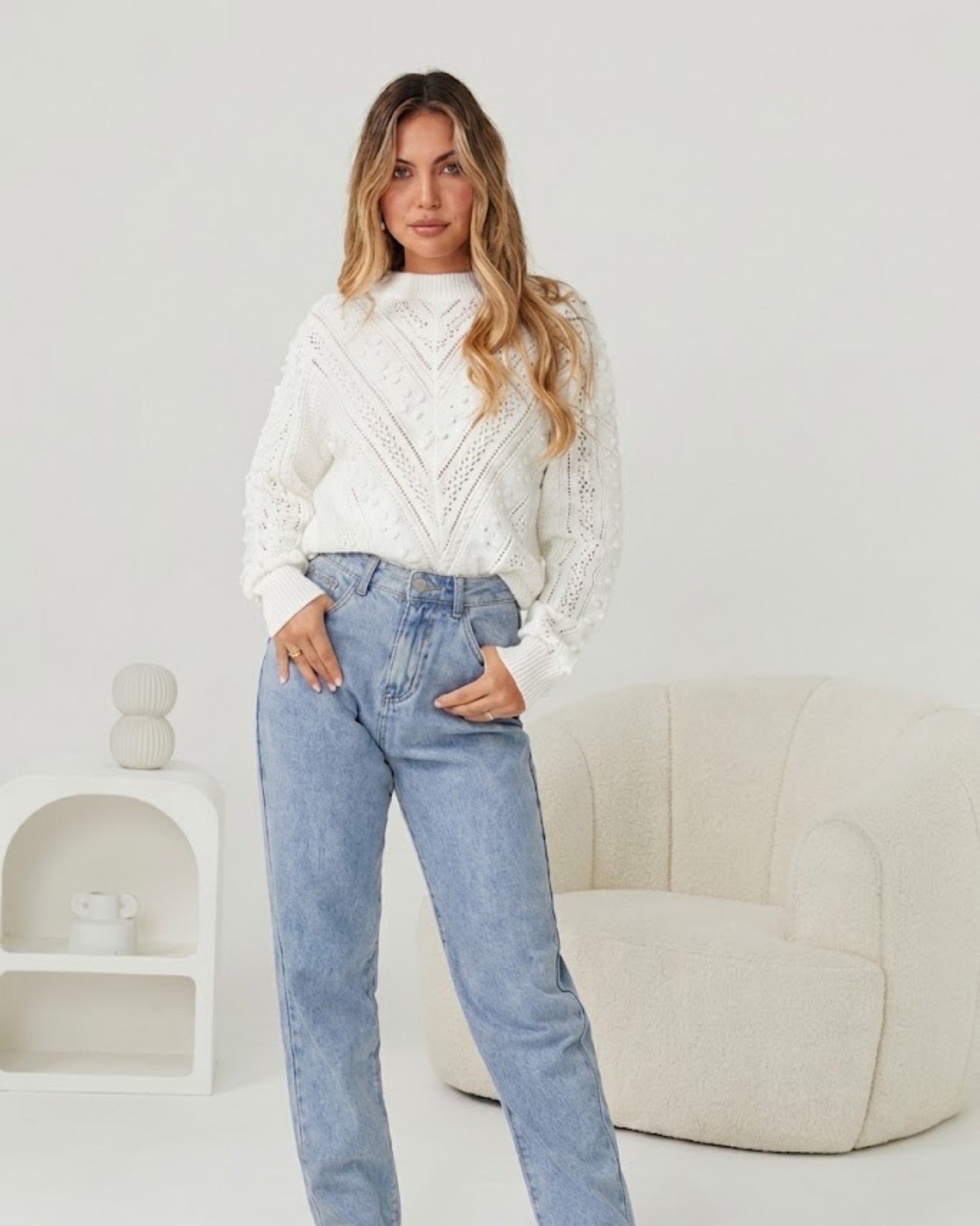 Rheane Knit in White womens white relaxed patterned knit back view