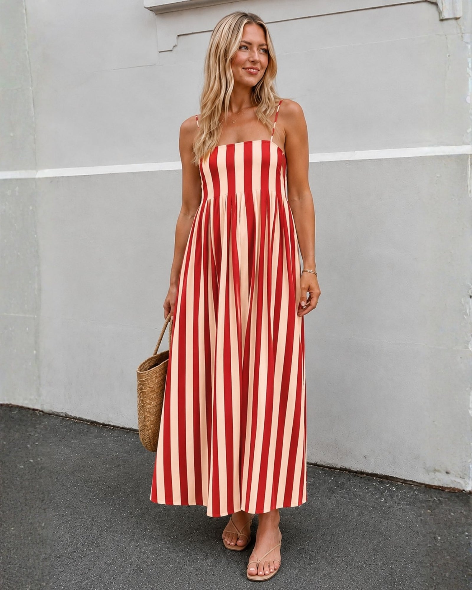 Women's red and white striped maxi dress, the Rhiannon Dress in Red Stripe by Esther & Co