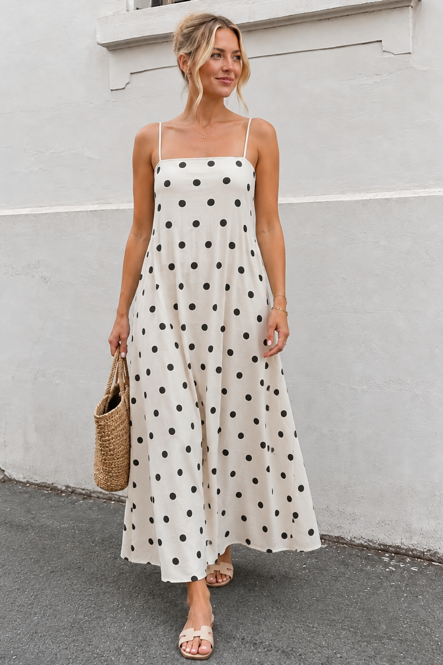 Women's beige polka dot maxi dress with straight neckline and spaghetti straps, the Rhiannon Beige Spot Dress by Esther & Co