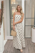 Women's beige polka dot maxi dress, the Rhiannon Beige Spot Dress by Esther & Co