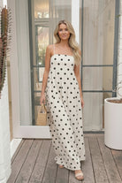 Women's beige spot maxi dress front view by Esther & Co