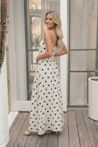 Women's beige polka dot maxi dress back view by Esther & Co