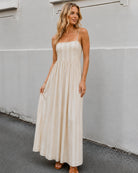 Women's beige stripe maxi dress front view by Esther & Co