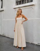 Women's beige stripe square neck maxi dress, the Rhiannon Dress in Beige Stripe by Esther & Co