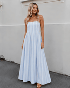 Women's blue stripe maxi dress front view by Esther & Co