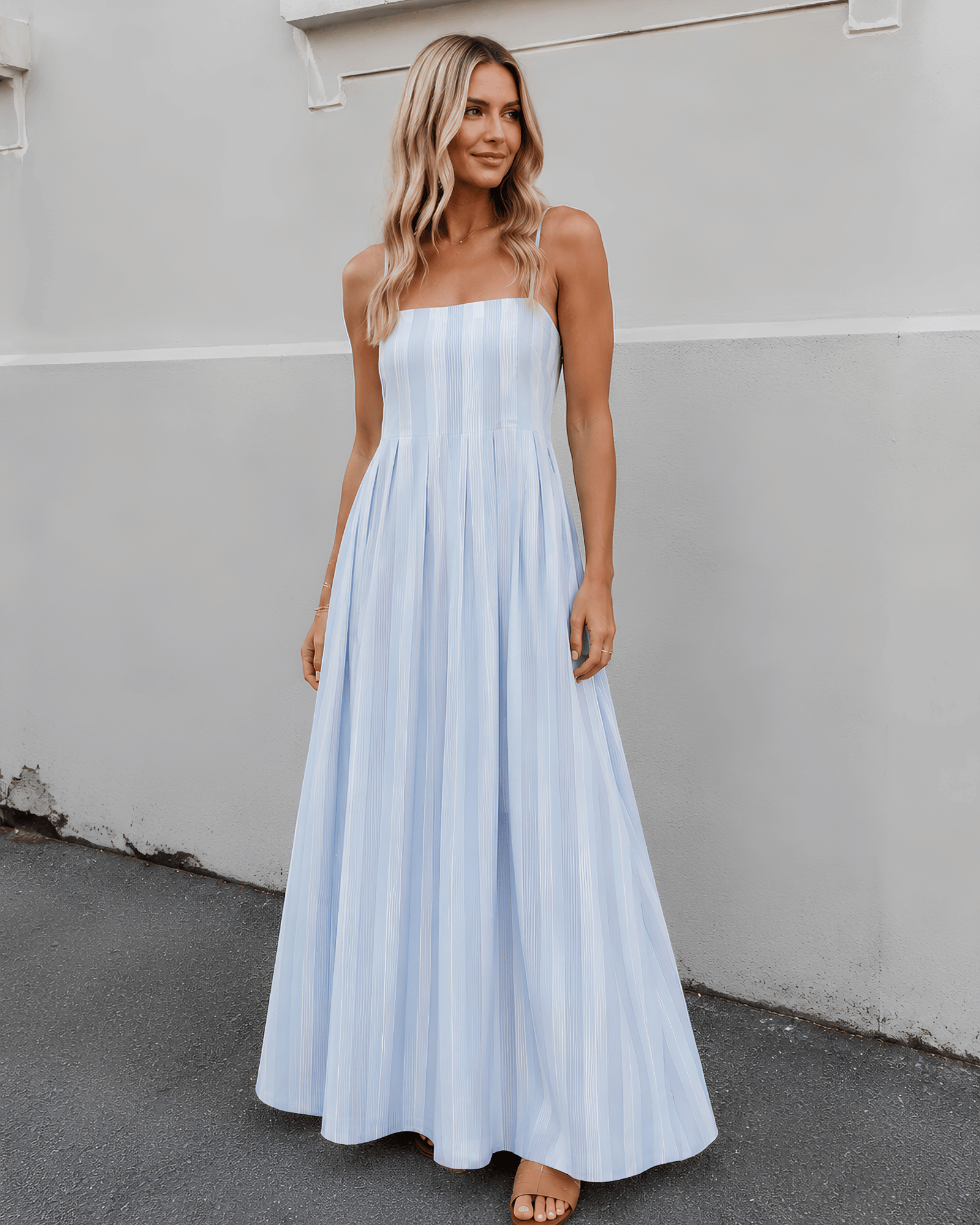 Women's blue stripe maxi dress front view by Esther & Co