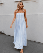Women's blue stripe maxi dress, the Rhiannon Dress in Blue Stripe by Esther & Co