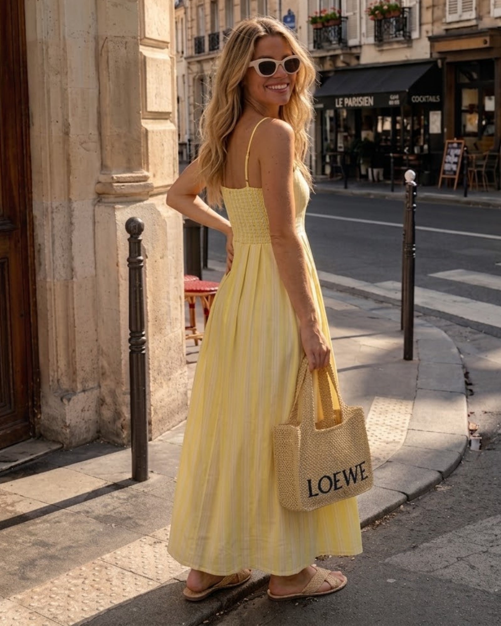 Women's yellow stripe maxi dress full length view by Esther & Co