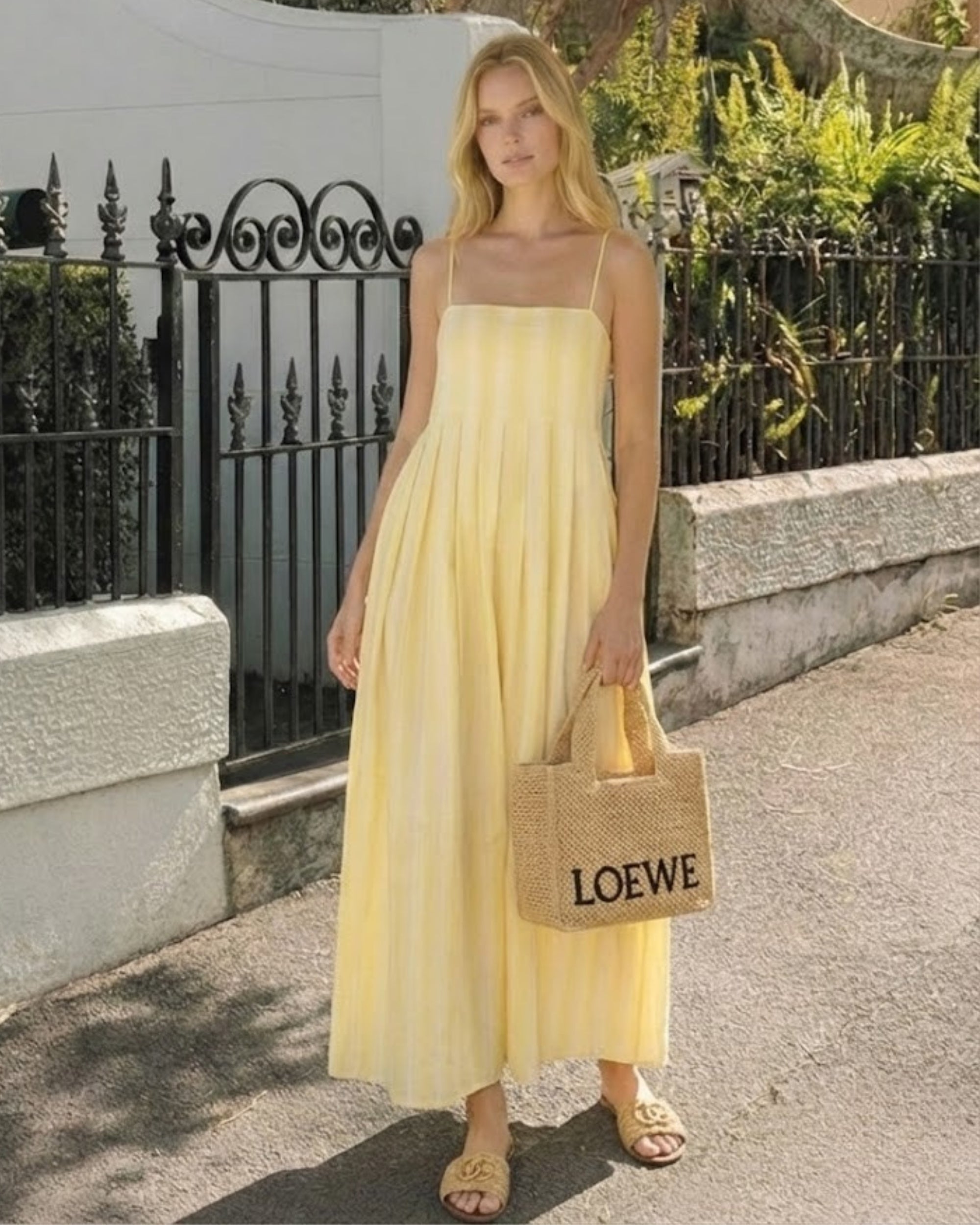 Women's yellow stripe maxi dress front view by Esther & Co