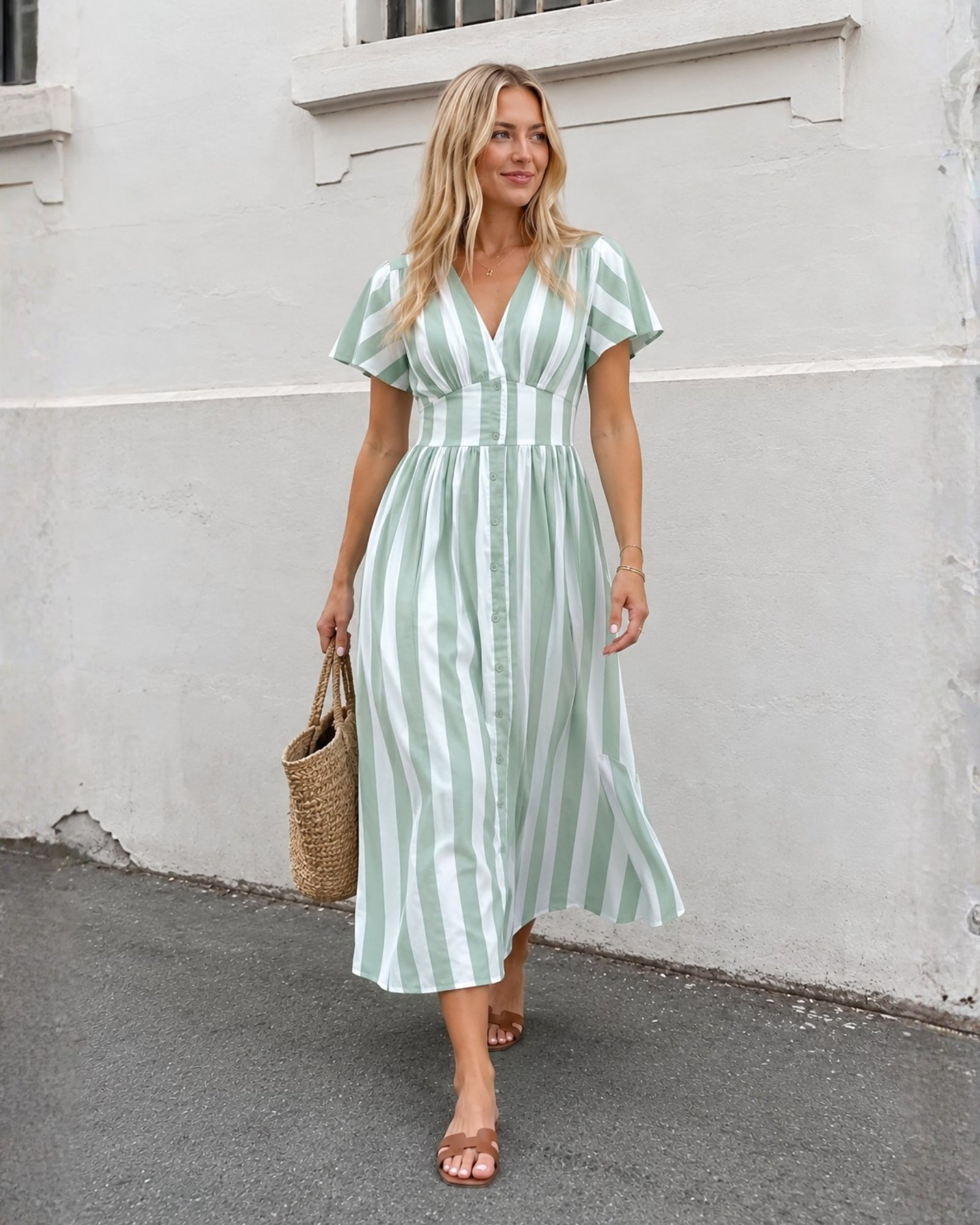 Women's green stripe button front midi dress front view by Esther & Co