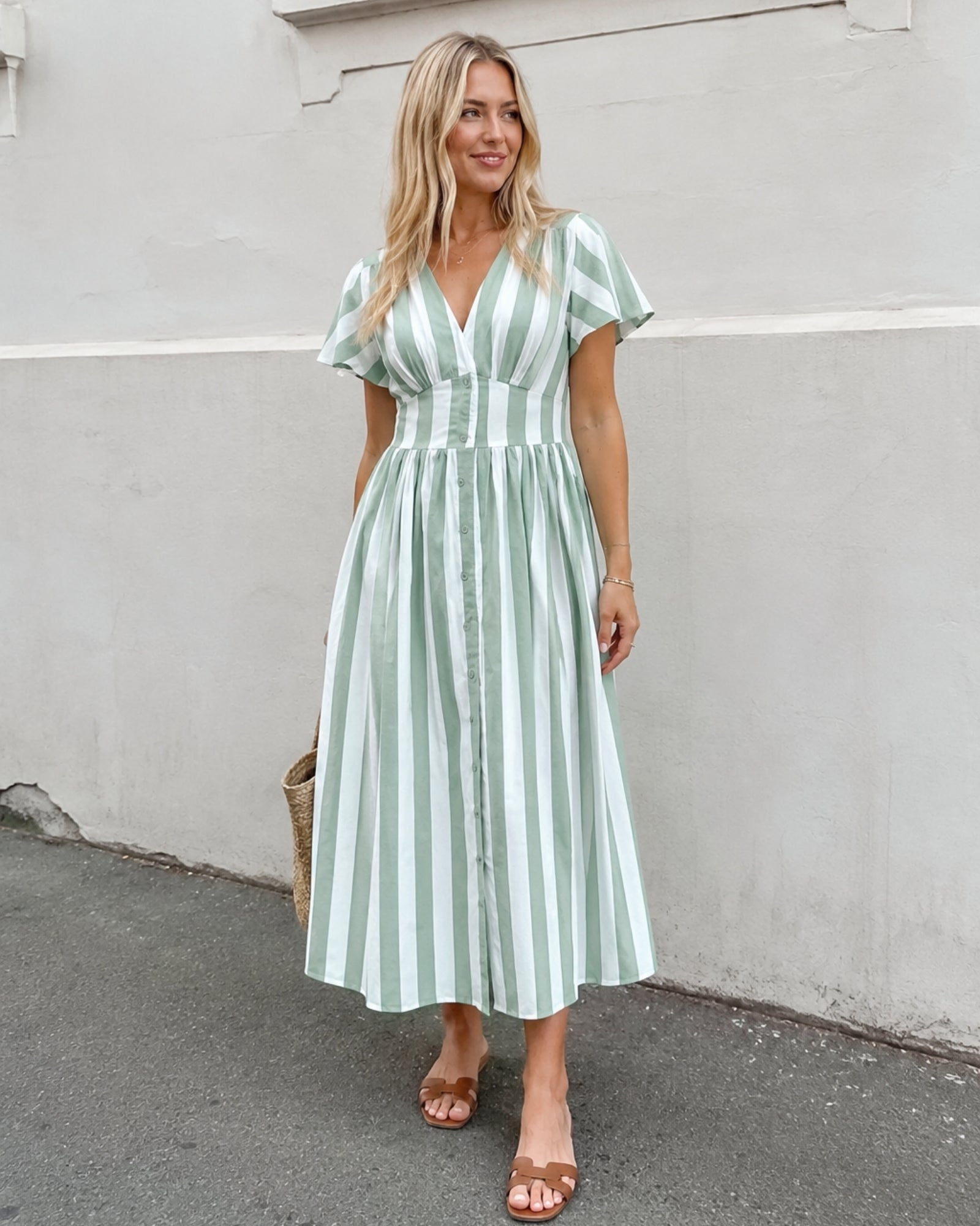 Women's green and white striped midi dress with flutter sleeves, the Rhona Dress in Green Stripe by Esther & Co