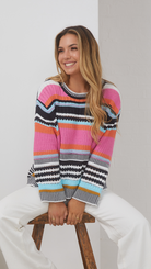 Roberta Knit in Multi pink multicolour scoop neck knit jumper side view