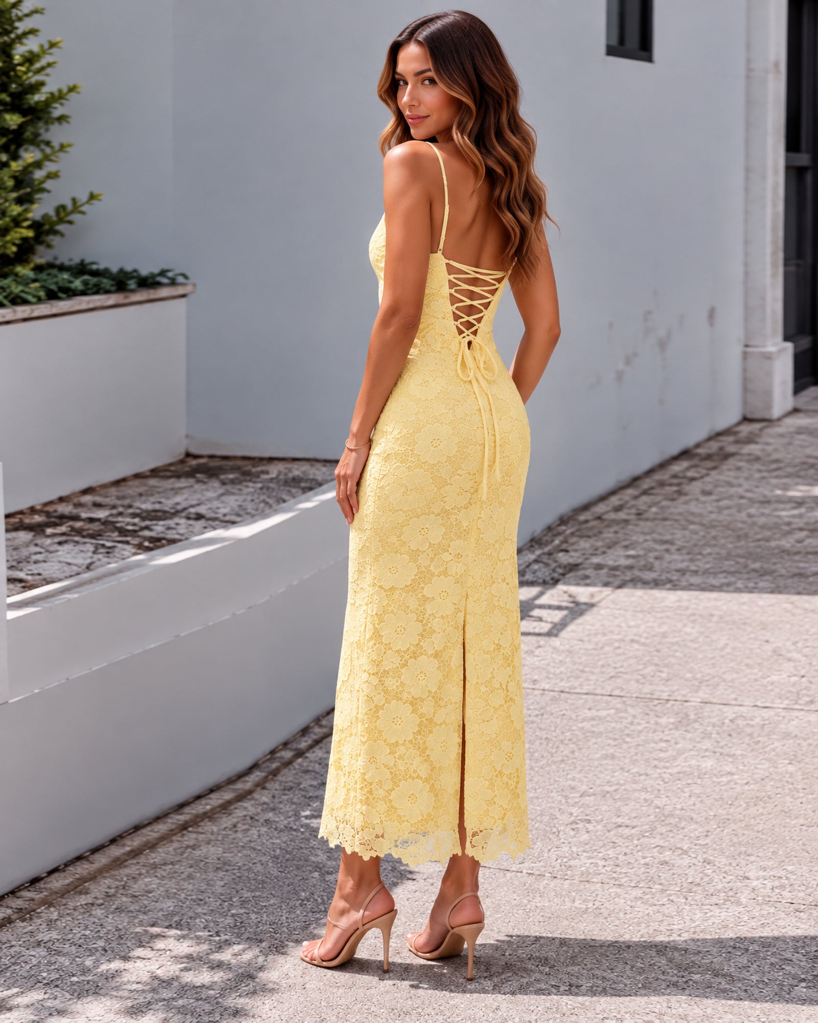 Women's yellow lace midi dress with lace up back side view by Esther & Co