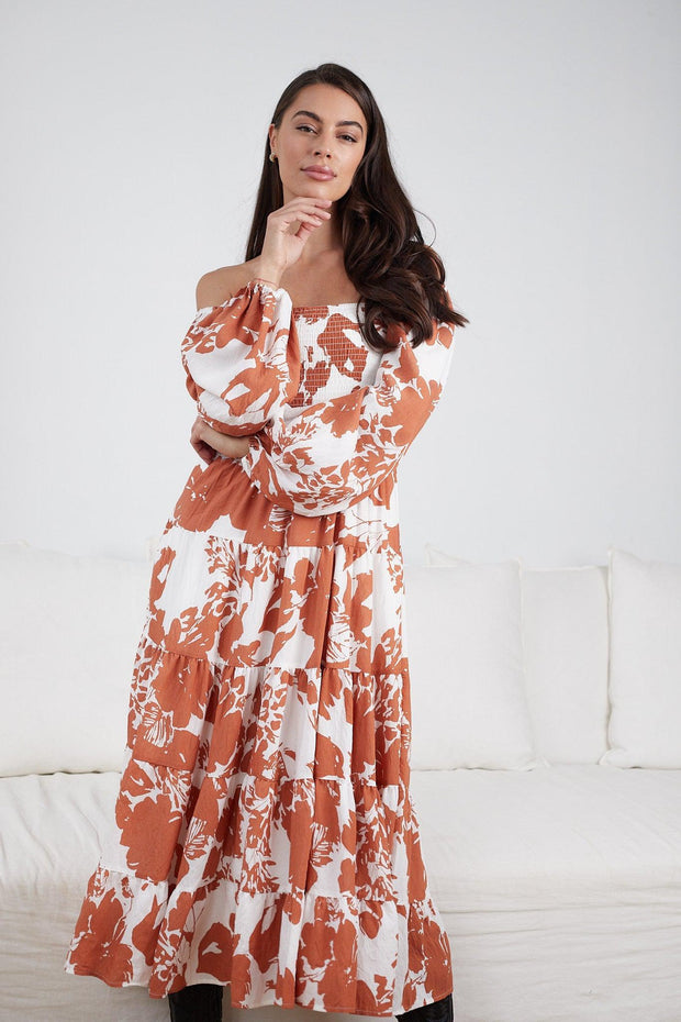 Rubia Dress - Brown Print-Dresses-Womens Clothing-ESTHER & CO.