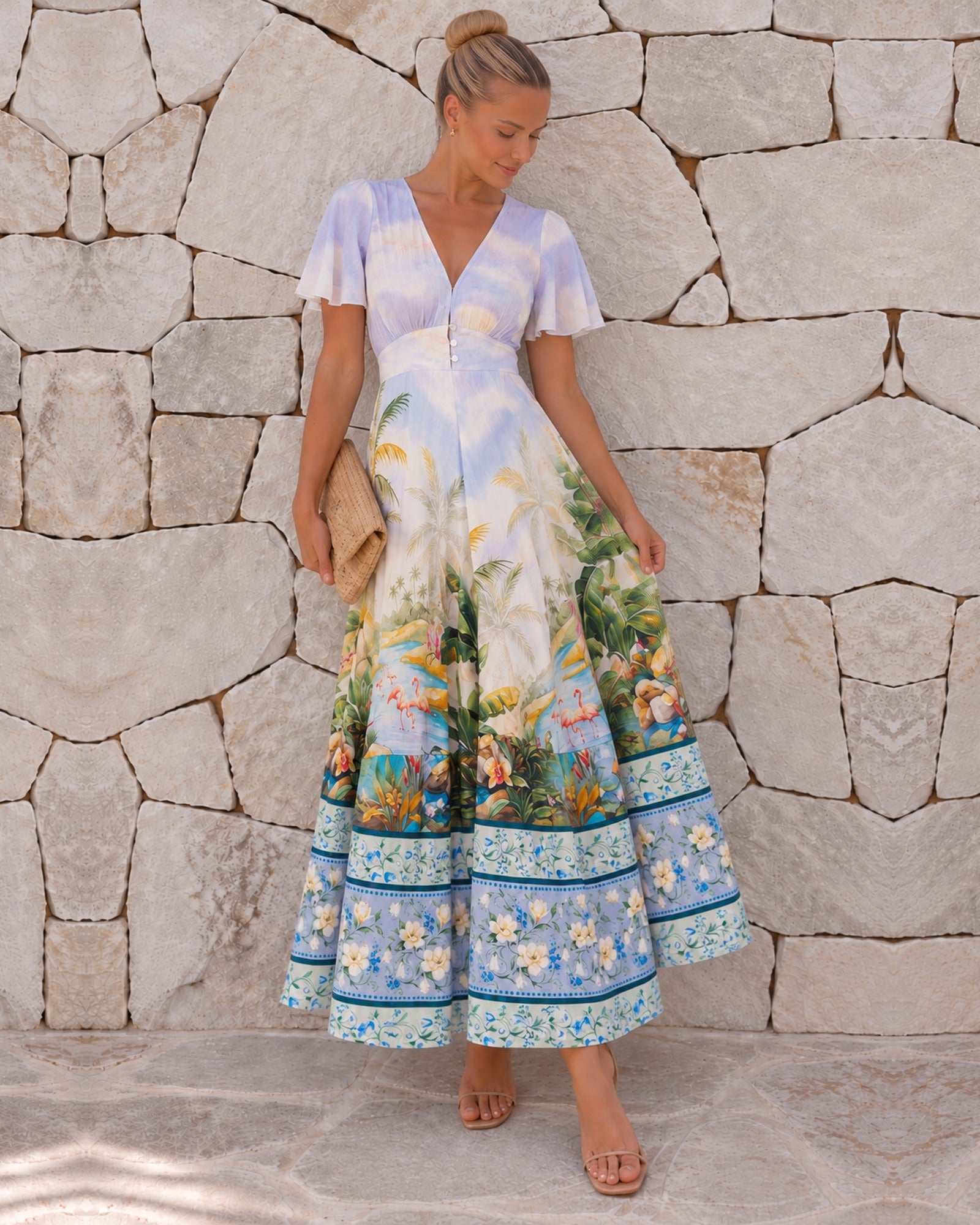 Women's lavender tropical print maxi dress, the Ryma Dress in Lavender Oasis by Esther & Co