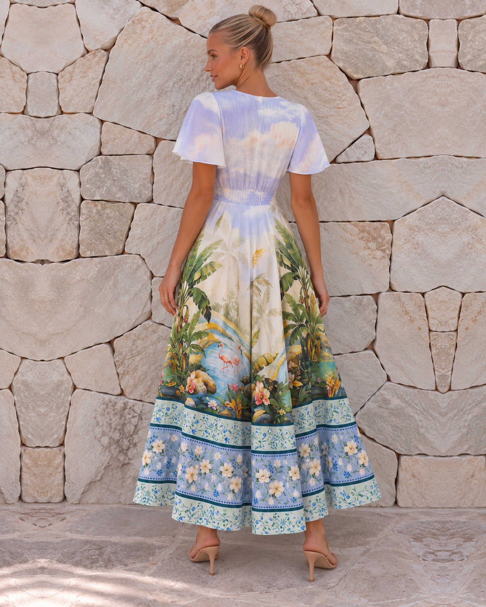Women's lavender tropical print maxi dress, the Ryma Dress in Lavender Oasis by Esther & Co