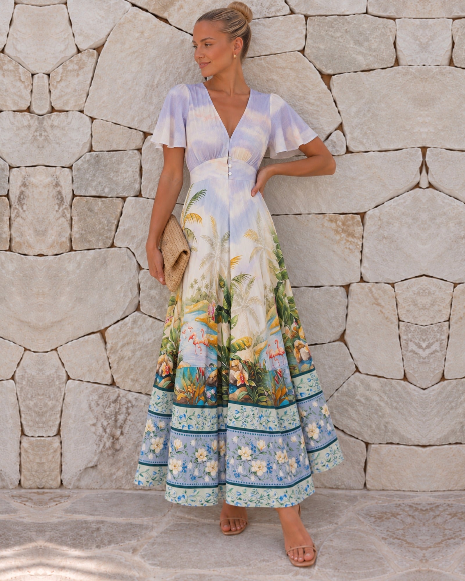 Women's lavender tropical print maxi dress, the Ryma Dress in Lavender Oasis by Esther & Co