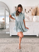 Women's light blue collared shirt dress with button bust by Esther & Co